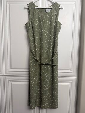 Leslie Belle Petite 16 Sleeveless Olive Polka Dot Maxi Dress Removable Waist Tie